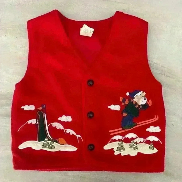 Fleece Christmas Winter Vest Boy size 2T Embroidered Teddy Bears Skiing Snow - Picture 2 of 8